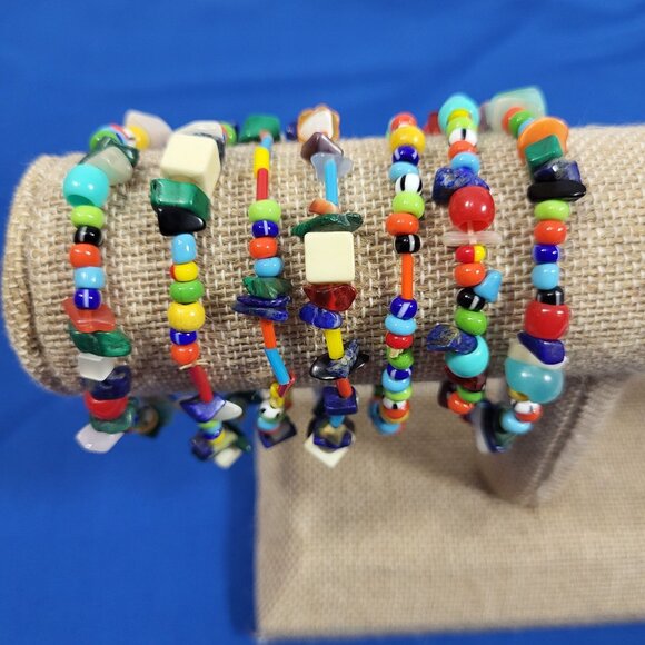 Multicolor Beaded Stretch Bracelets Lot Of 7‎ Boho Hippie Glass Beads Friendship - Picture 3 of 5